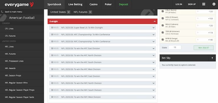 A screenshot of Super Bowl futures betting odds at Everygame, one of the best legal Super Bowl betting sites.